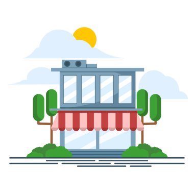 Şehir caddesindeki dükkan konsepti, dükkan ya da mağaza binası, sokak manzarası üzerindeki kafe ya da restoran vitrinleri, dükkan cephesinin önü. düz çizgi film biçimi vektör çizimi.