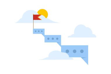 Hedefe ulaşmak için iletişim becerileri, başarı için iletişim kurmak, müşterilere mesaj, görev bildirimi veya reklam mesajı göndermek, hedef olarak bayraklı konuşma balonu. düz vektör illüstrasyonu.