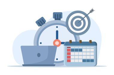 İş zamanı yönetimi kavramı, zaman yönetimi, süre bitimi, planlama, planlama ve organizasyon, başlangıç, ajanda, zaman, beyaz arkaplan üzerindeki düz vektör illüstrasyonu.