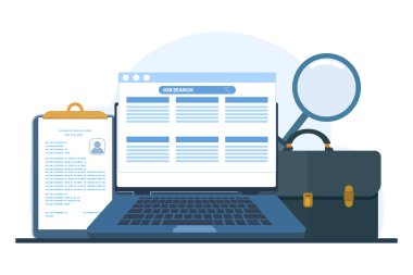 Çevrimiçi iş arama kavramı, kariyer fırsatları, iş arama, işe alım, insan kaynakları, iş görüşmesi, online iş ilanı, boşluk, arama, işe alım kavramı, vektör dairesi illüstrasyonu.