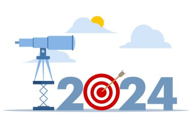2024 Outlook kavramı. Yılın genel değerlendirmesi ya da analizi. Gelecekteki ekonominin tahminleri veya vizyonu, gelecekteki iş fırsatları veya zorluklar, dürbün gelecekteki hedefler 2024.