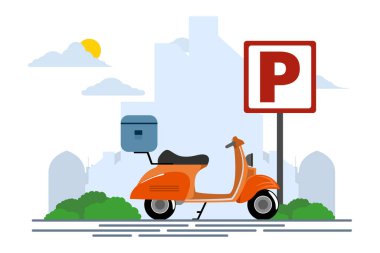 Büyük yol tabelası konsepti. Park yeri arıyorum, arabayı park ediyorum. Büyük şehirde halka açık otoparkta. Şehir ulaşımı. Modern düz çizgi film tarzı. Beyaz arkaplanda vektör illüstrasyonu.