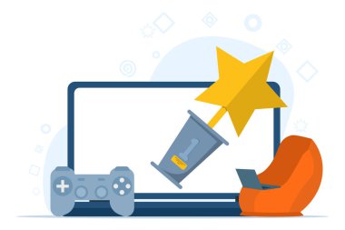 Aletlerle, oyuncularla, video oyunlarıyla, esportlarla oyun konsepti. İnsanlar bilgisayarda oyun oynarlar, mobil oyunlar oynarlar. Beyaz arkaplanda eğlence düz vektör illüstrasyonu.