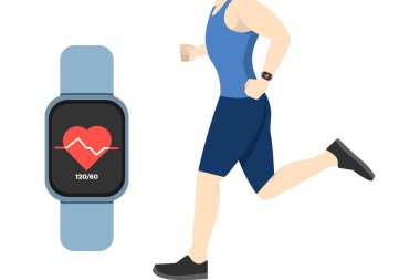 Yürümek ya da koşu bandında koşmak, sağlık durumları kalp hızını kaydetmek için akıllı bir saat uygulaması kullanmak, vektör geçmişi hakkında internet, IoT illüstrasyon pankartı..