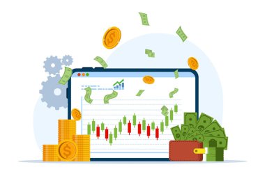 Dizüstü bilgisayarda veya bilgisayar vektör çiziminde hisse senedi ticareti kavramı. Ticari şirket grafik tasarımı için web pankartı şablonu. Borsa konsepti için alım-satım finansal grafikleri.
