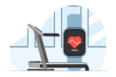 Yürümek ya da koşu bandında koşmak, sağlık durumları kalp hızını kaydetmek için akıllı bir saat uygulaması kullanmak, vektör geçmişi hakkında internet, IoT illüstrasyon pankartı..
