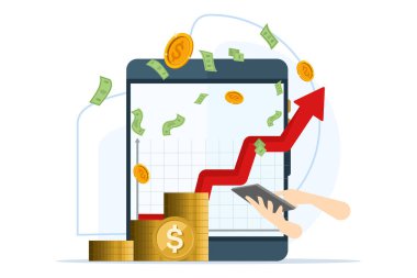 Başarı, kar, yatırım büyüme konsepti, grafiği para ve başarı olan bilgisayar, dizüstü bilgisayar ve yukarı ok grafiği, başarıya giden merdivenler, trend düz stil, beyaz arkaplan üzerinde düz vektör çizimi.