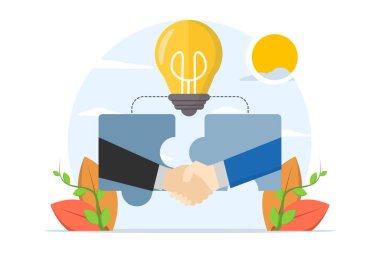 Takım çalışması konsepti. İş adamları bir takım çalışması olarak el sıkışıyor. Takım çalışması, işbirliği, ortaklık sembolü. Beyaz arkaplanda düz tasarım biçimi vektör çizimi.