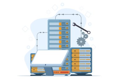 Donanım ve yazılım bakım konsepti, sorunlu konum üzerinde çalışan insanlar, teknik destek. Web siteleri ve mobil web siteleri veya iniş sayfaları için kullanılabilir. Düzenlemesi ve kişiselleştirmesi kolay.