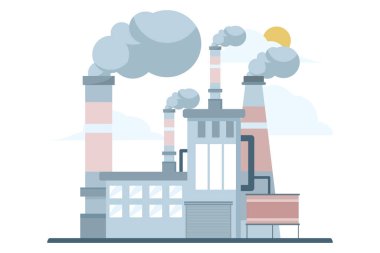 Hava kirliliği kavramı, kirletici CO2 bulutu dumanlı fabrika beyaz CO2 dioksit emisyon üretim fabrika sembolü, hava kalitesi hasarı, beyaz arka planda düz vektör çizimi.