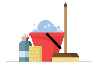 Temizlik ekipmanları konsepti, su kovası ikonu, köpük ve köpüklü kova veya kova, fırça, köpük sünger ve sabun, arka planda izole edilmiş düz vektör çizimi.