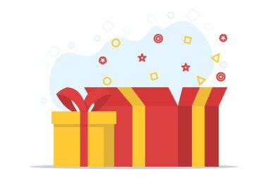 Sürpriz hediye konsepti, hediye fikri, hediye kutusu. Gizemli kutu, sürprizli gizli hediye. Boks için paketlenmiş kutu, arkaplanda izole edilmiş düz vektör çizimi.