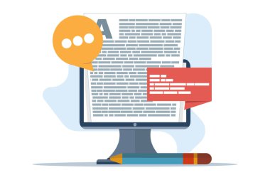 Bloglama konsepti, İçerik Pazarlama, Bloglama ve düz tasarımda SMM konsepti. Günlük sayfaları içerikle doludur. Yazılar ve medya materyalleri yükleme süreci. düz vektör illüstrasyonu.