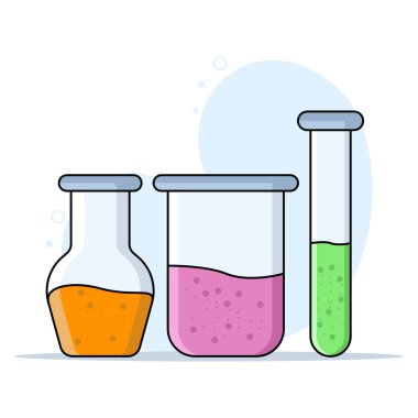 Cam deney şişesi konsepti ve kimyasal sıvı seti. Tıbbi laboratuvar nesne ikonu konsepti. Kimyasal testler için ekipman. Arka planda gölgesi olan vektör tasarımı. düz vektör illüstrasyonu.
