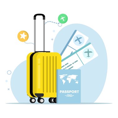 Pasaport ve uçak bileti konsepti, bilet ikonu. seyahat konsepti. Arka planda yaz tabelası, pasaport ve biniş kartı var. Çevrimiçi sipariş. Düz vektör illüstrasyonu.