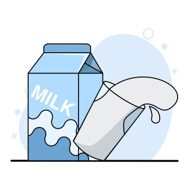 sağlıklı süt içeceği konsepti. Süt ve Cam Çizgi Filmi. Grafikler için sağlıklı beslenme konsepti. Süt ürünleri. Paketlenmiş süt. Premium Vektörü İzole Gıda ve İçecek Simgesi Kavramı.