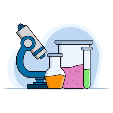 Cam deney şişesi konsepti ve kimyasal sıvı seti. Tıbbi laboratuvar nesne ikonu konsepti. Kimyasal testler için ekipman. Arka planda gölgesi olan vektör tasarımı. düz vektör illüstrasyonu.