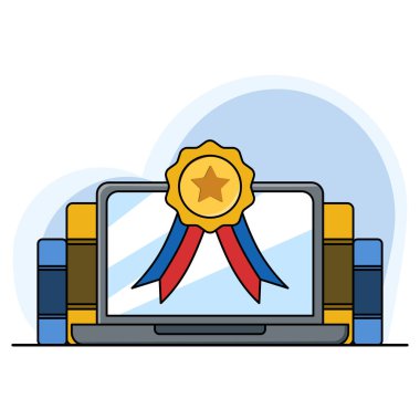 Dizüstü bilgisayarlı Altın Kupa Rozeti. Vektör Çizgi Film Simgesi İllüstrasyonu. Kupa ikonu. Madalya ikonu. Ödül ödülleri ve madalyalar. İzole edilmiş Premium Vektör Eğitim Teknolojisi Simgesi Konsepti.