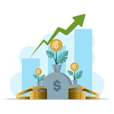 Yatırım konsepti düz stil. Para, madeni para, kâr, grafik simgeleri birçok amaç için uygundur. Parayla Yatırım İstatistikleri. Büyüme Yatırım Finansmanı, düz vektör çizimi.