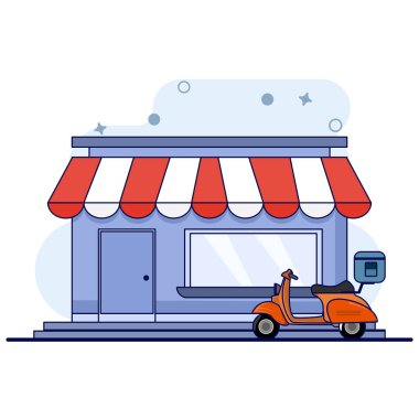 Dükkan, dükkan, market kavramı. Market, farklı yiyecekleri olan süpermarket. Dükkan penceresi. Düz tasarım çeşitli amaçlar için uygundur. Düz biçimli vektör illüstrasyonu.