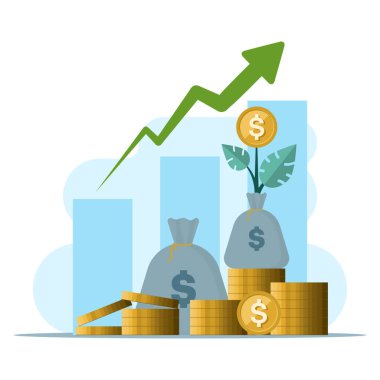 Yatırım konsepti düz stil. Para, madeni para, kâr, grafik simgeleri birçok amaç için uygundur. Parayla Yatırım İstatistikleri. Büyüme Yatırım Finansmanı, düz vektör çizimi.