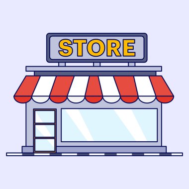 Dükkan, dükkan, market kavramı. Market, farklı yiyecekleri olan süpermarket. Dükkan penceresi. Düz tasarım çeşitli amaçlar için uygundur. Düz biçimli vektör illüstrasyonu.