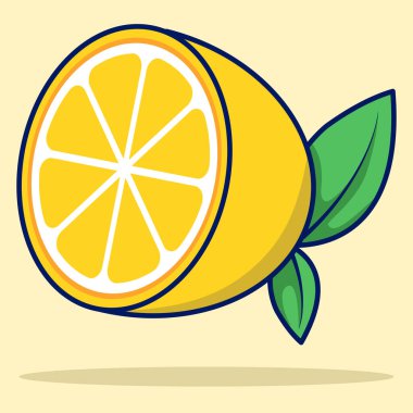 Çizgi film Lemon Fruit, yeşil yapraklı parlak sarı limon meyvesi. Taze ikon tasarım şablonu, kıvrımlı çizgilerden meyve suyu konsantrasyonu sembolü. Arkaplanda düz vektör illüstrasyonu.