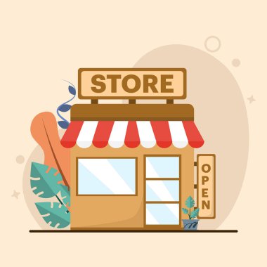 Dükkan, dükkan, market kavramı. Market, farklı yiyecekleri olan süpermarket. Dükkan penceresi. Düz tasarım çeşitli amaçlar için uygundur. Düz biçimli vektör illüstrasyonu.