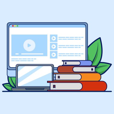 Çevrimiçi eğitim kavramı. uzaktan eğitim, eğitim ve kurslar, video dersleri ile çevrimiçi öğrenme, internet webinar öğrenimi. Öğrenmek. Birçok amaç için uygun düz illüstrasyon vektörü.