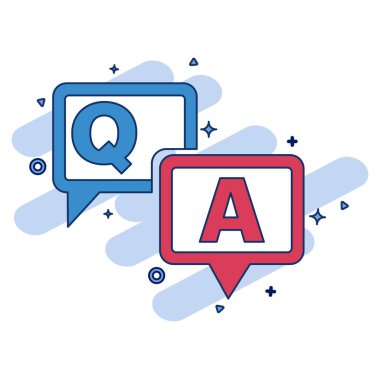 Soru ve cevap konsepti. Baloncuklu sohbet simgesiyle sor ve yanıtla. Sor ve cevapla, sorular sor ve sorunları çöz, düz tasarım birçok amaç için uygundur. Beyaz arkaplanda düz vektör illüstrasyonu.