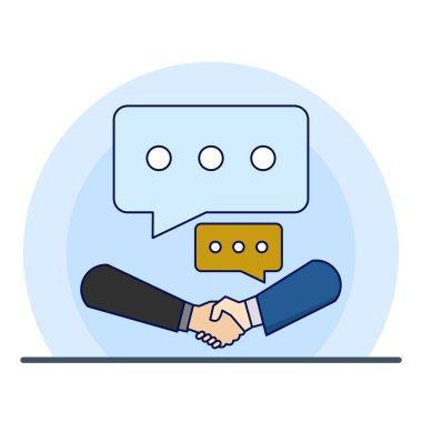 İş adamı konsepti iş anlaşması, iletişim illüstrasyonu. Dijital pazarlama, iletişim konsepti, sohbet, grafik, iş adamı tokalaşması, arka planda düz vektör çizimi.