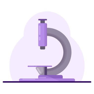 Tıbbi ekipman mikroskobu konsepti, Karikatür Yüzen Mikroskop, Sağlık Laboratuvarı, Bilim Testi, mikro boyutlu nesneleri görmek için tıbbi ekipmanlar. arkaplanda düz vektör illüstrasyonu.