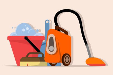 Temizlik ve ev işi için araç gereç. Elektrikli süpürge, süpürge, faraş, su ve sabun köpüğü dolu kova. Şirin düz biçim vektör çizimi.