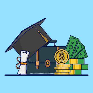 Eğitim masrafları, eğitim ücretleri veya burslar, eğitim maliyeti tahsisi, üniversite veya mezuniyet için para, üniversite diploması, mezuniyet şapkası ve havan topu sertifikalı dolar parası kavramı.