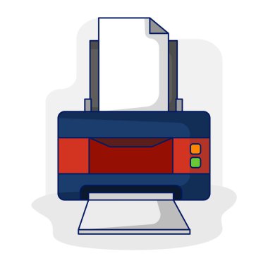 Yazıcı simgesi konsepti, Kağıt yazıcı belge metni yazdırır. Kağıt, iş yeri, ofis malzemesi teknolojisi üzerine veri dosyaları basmak, ofis işleri ve ev işleri. Düz vektör illüstrasyonu.