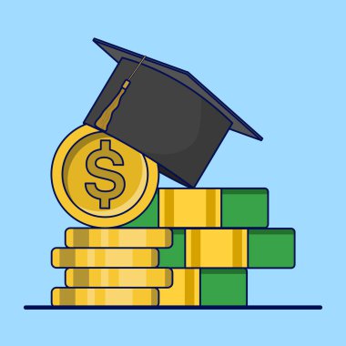 Eğitim masrafları, eğitim ücretleri veya burslar, eğitim maliyeti tahsisi, üniversite veya mezuniyet için para, üniversite diploması, mezuniyet şapkası ve havan topu sertifikalı dolar parası kavramı.