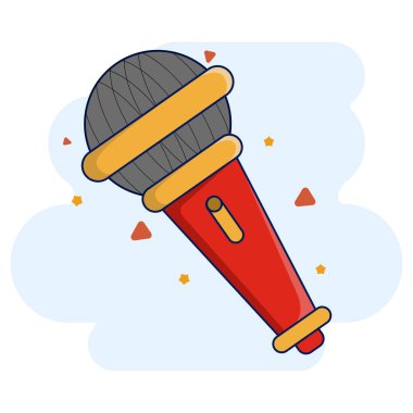 Şirin mikrofon çizim ikonu. mikrofon ikonu konsepti. Podcast kayıt mikrofonu stüdyoda. Ses aygıtı simgesi ya da yazdırma. Ses kayıt stüdyo etiketi, düz çizgi film stili vektör illüstrasyonu.