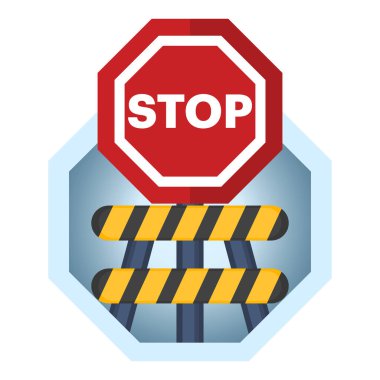Dur işaretli bariyer konsepti, yolu kapatmak için sarı çizgili koruyucu yol bariyeri. Yol dur işareti ve bariyer, arkaplanda düz vektör çizimi.