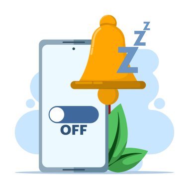 Bildirim iletilerini kapatma kavramı. modu bozmayın, aygıtın sessiz profili. Sıfır bilgilendirme, iniş sayfası için modern grafik öğesi, evet, vs. düz tasarım vektör çizimi.