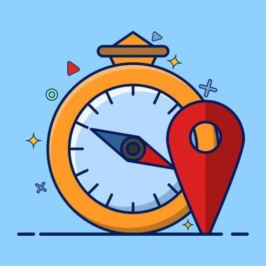 Pusula ve Harita Pin İşaretleri kavramı, Çizgi Film İllüstrasyon Biçiminde Vektör 'ü işaret eden sembollerdir. İşaretleyici, gitmek istediğiniz yer, haritayla yönleri okumak, Seyahat Elemanı Tasarımı Konsepti.