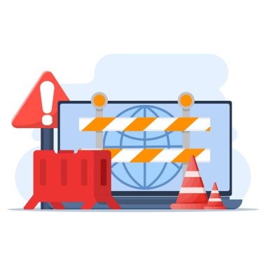 Bakım Konsepti Altında Web Sitesi. Onarım Aletleri ve Uyarı İşareti olan dizüstü bilgisayar. Bakım Altındaki Yazılım Sistemi. Web Sitesi Hataları, Web Sayfası Geliştirme ve Uygulama Güncellemeleri.