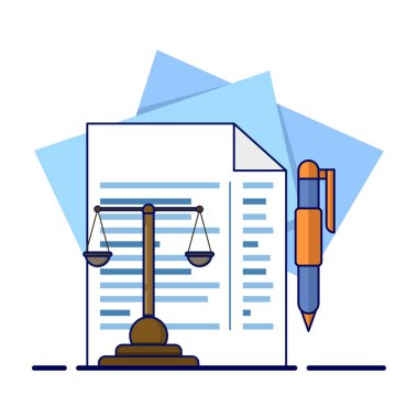 Adalet Terazili Kağıt Belgesi. Savunma Elementi Tasarımı. Hukuk ve adalet, hukuki danışmanlık, danışmanlık, hukuk firması ve hukuk hizmetleri kavramı, avukat danışmanı. vektör illüstrasyonu.