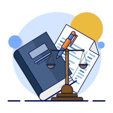 Adalet Terazili Kağıt Belgesi. Savunma Elementi Tasarımı. Hukuk ve adalet, hukuki danışmanlık, danışmanlık, hukuk firması ve hukuk hizmetleri kavramı, avukat danışmanı. vektör illüstrasyonu.