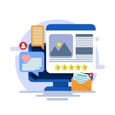 İnternette içerik pazarlama kavramı, sosyal medyaya içerik yükleme, izleyiciler için yararlı içerik yazma, e-posta pazarlama, SEO, markalı içerik, arka planda düz vektör çizimi.