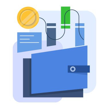 Elektronik cüzdan konsepti, geliştirme, kodlama. Para, büyüme, analiz, kazanç. Fintech Konsepti. Infographic düz çizim. arkaplanda düz vektör illüstrasyonu.