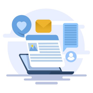 İnternette içerik pazarlama kavramı, sosyal medyaya içerik yükleme, izleyiciler için yararlı içerik yazma, e-posta pazarlama, SEO, markalı içerik, arka planda düz vektör çizimi.