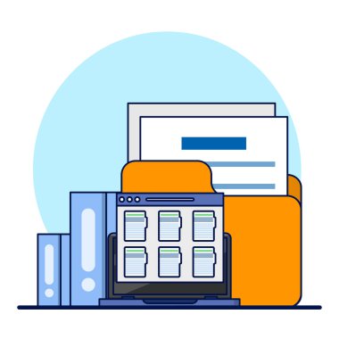 Belgeli dosyalar, dosya yönetimi, veri arşivleme, elektronik belge yönetimi. Dijital veri dosyaları, depolama sistemleri, bilgisayar arşivleri, bilgi veritabanları. düz vektör.