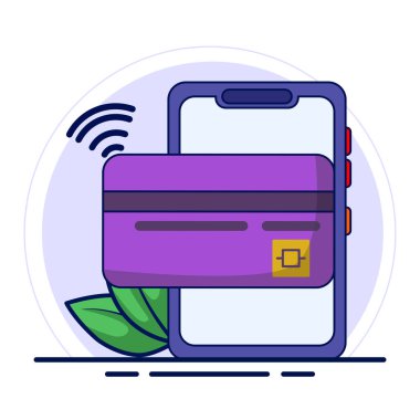 Kolay nakit ödeme, elektronik para, ulaşılamaz, mobil bankacılık ya da fintech uygulaması kavramı. Ulaşılmaz ödeme ikonu, banka kartı olan telefon, online ödeme. Dijital para transferi. düz vektör.