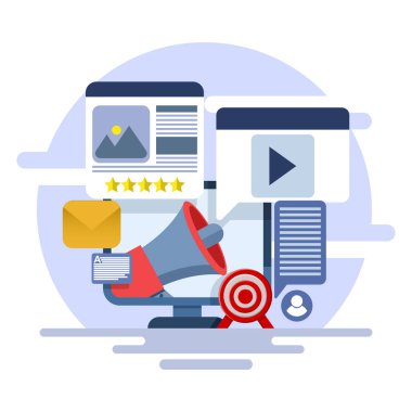 İnternette içerik pazarlama kavramı, sosyal medyaya içerik yükleme, izleyiciler için yararlı içerik yazma, e-posta pazarlama, SEO, markalı içerik, arka planda düz vektör çizimi.