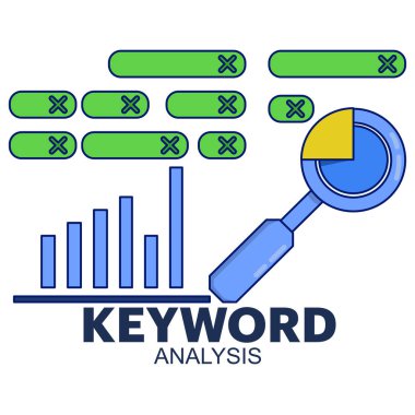Anahtar sözcük analiz raporu konsepti, en sık aranan anahtar kelimeler sıralaması. SEO anahtar kelimeleri arama motoru sonuç sayfasına, anahtar kelime araştırmasına, SEO raporuna, simgeli vektör ilülasyonuna egemen.